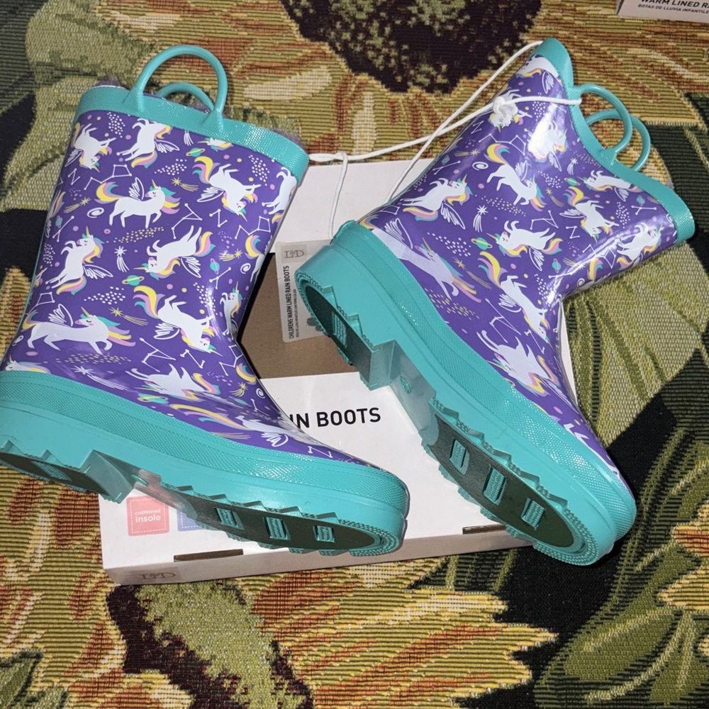 🌴Lily & Dan Kids Unicorn Print Rain Boots Waterproof Fleece Lined Size 2/3
